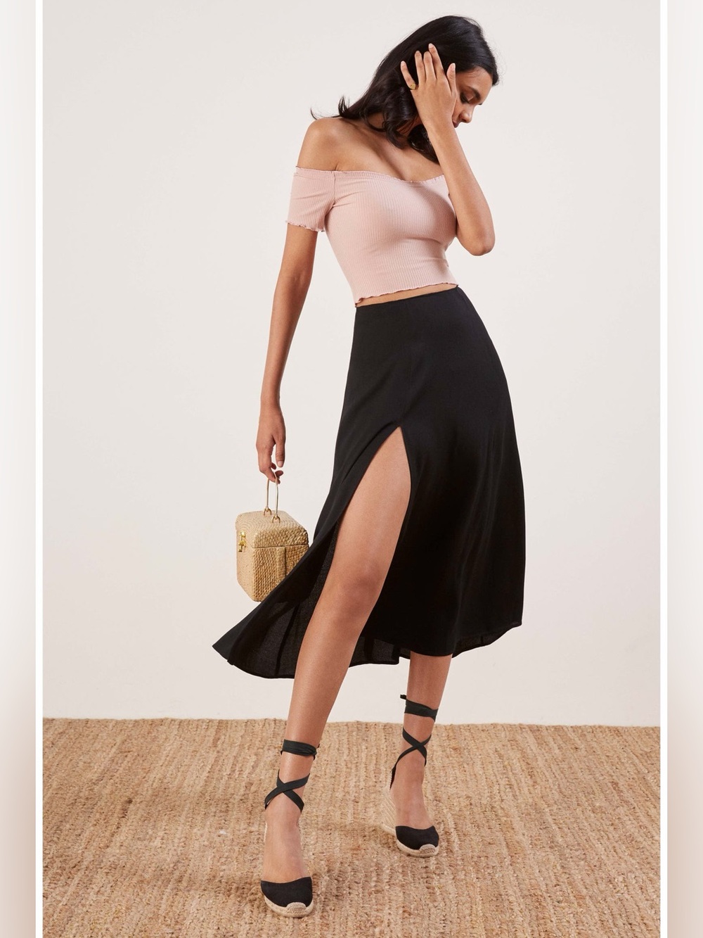 Reformation Zoe Side Slit Black Flowy Midi Skirt 6 Black sexy effortless chic